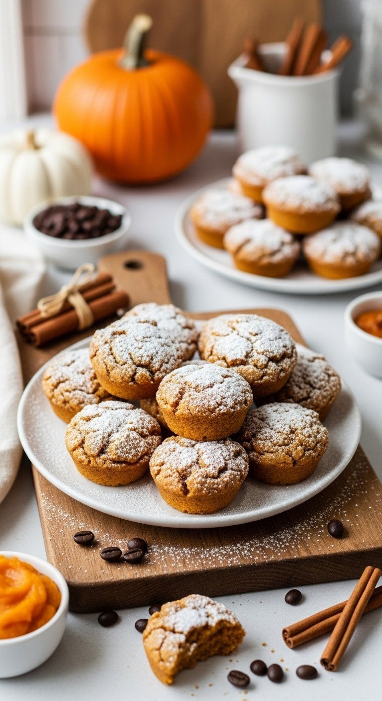Gourmet mini pumpkin coffee muffins, dusted with powdered sugar, on a rustic wood board with cinnamon & coffee beans. Delicious fall baked goods.