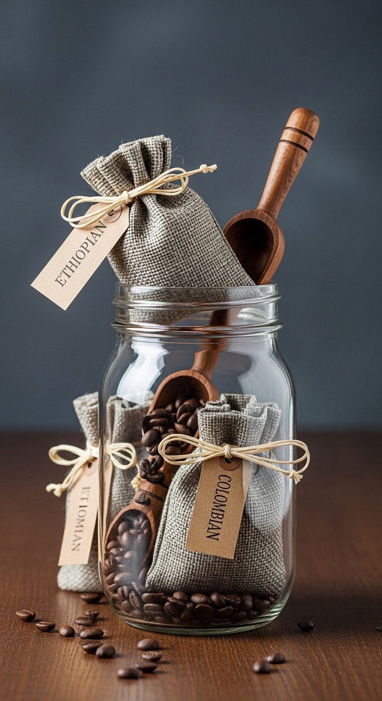 Gourmet whole bean taster jar with three burlap bags of different coffee beans and a wooden scoop on a dark wood surface