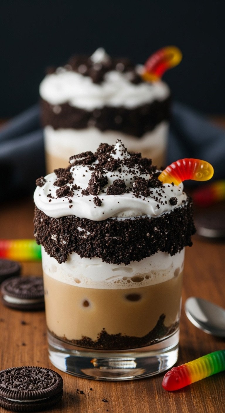 Grave Digger coffee cocktail with crushed Oreos and gummy worm on dark wood table with autumn decor