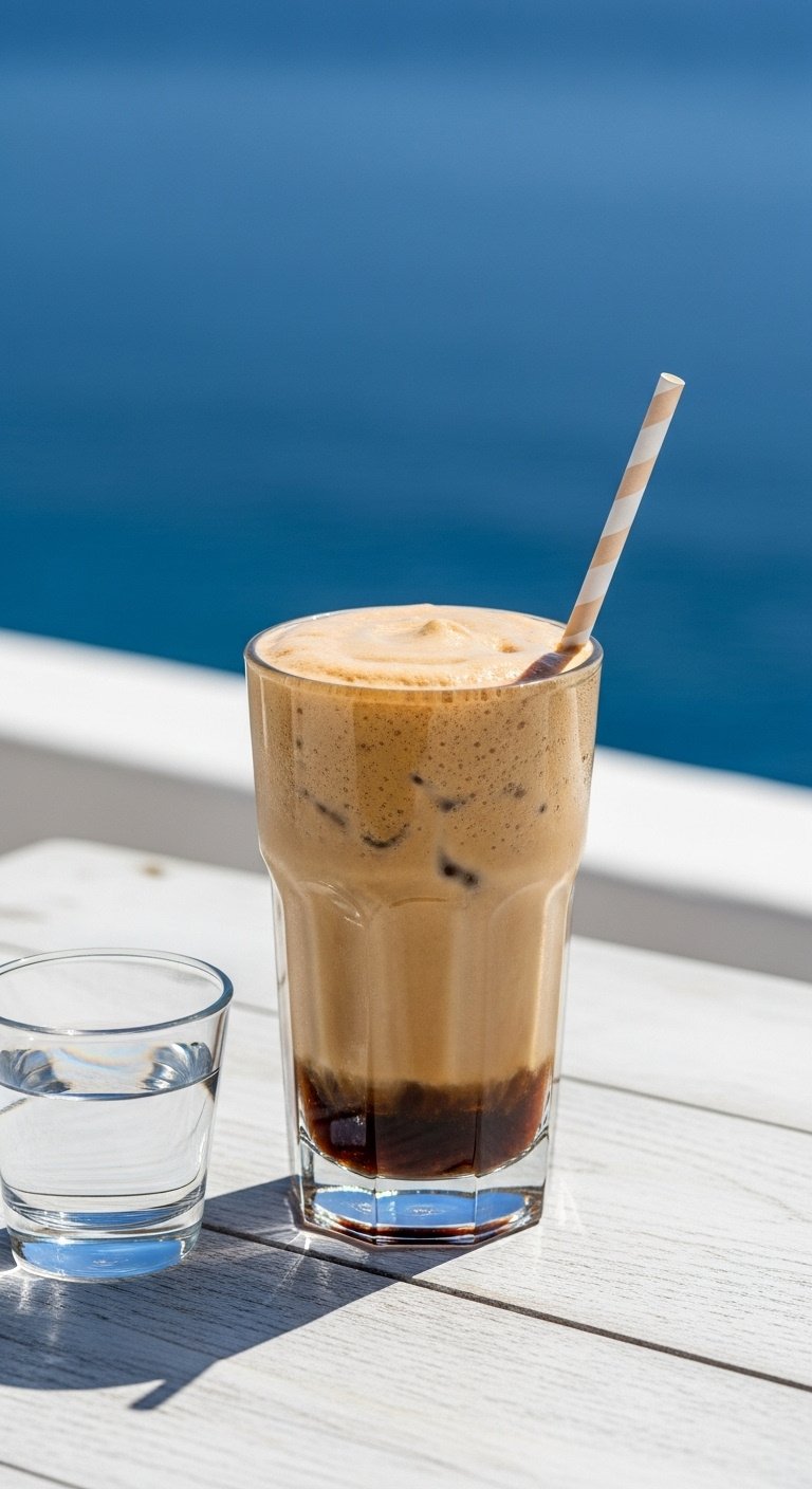 9 Effortless Cold Espresso Drinks For The Home Barista 17 Greek Espresso Freddo in tall glass, thick tan foam, iced espresso, water glass on rustic table, blurred Aegean Sea. Coffee recipe.