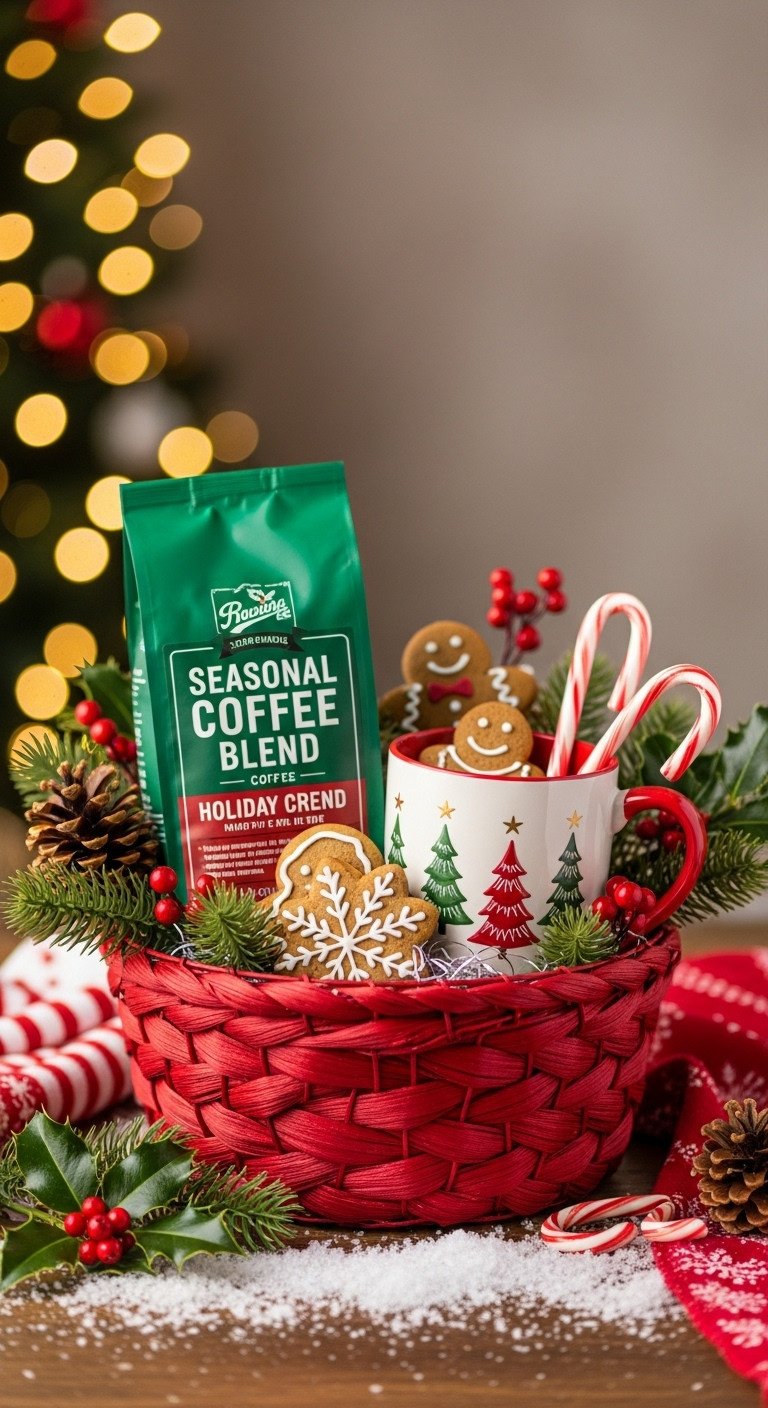 Green gift basket with Starbucks reusable tumbler, Pike Place Roast coffee, Via Instant packets, gift card, and Madeline cookies