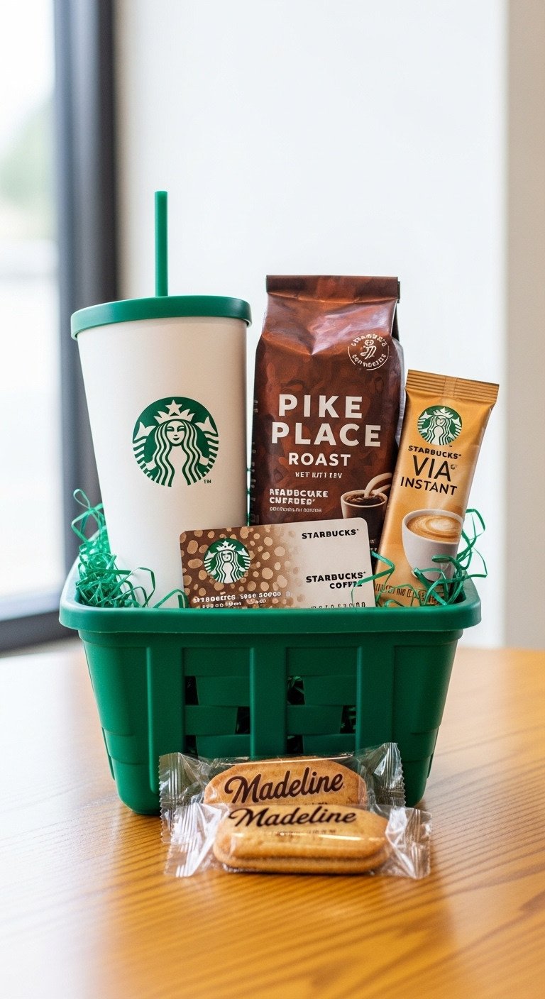 Green gift basket with Starbucks reusable tumbler, Pike Place Roast coffee, Via Instant packets, gift card, and Madeline cookies