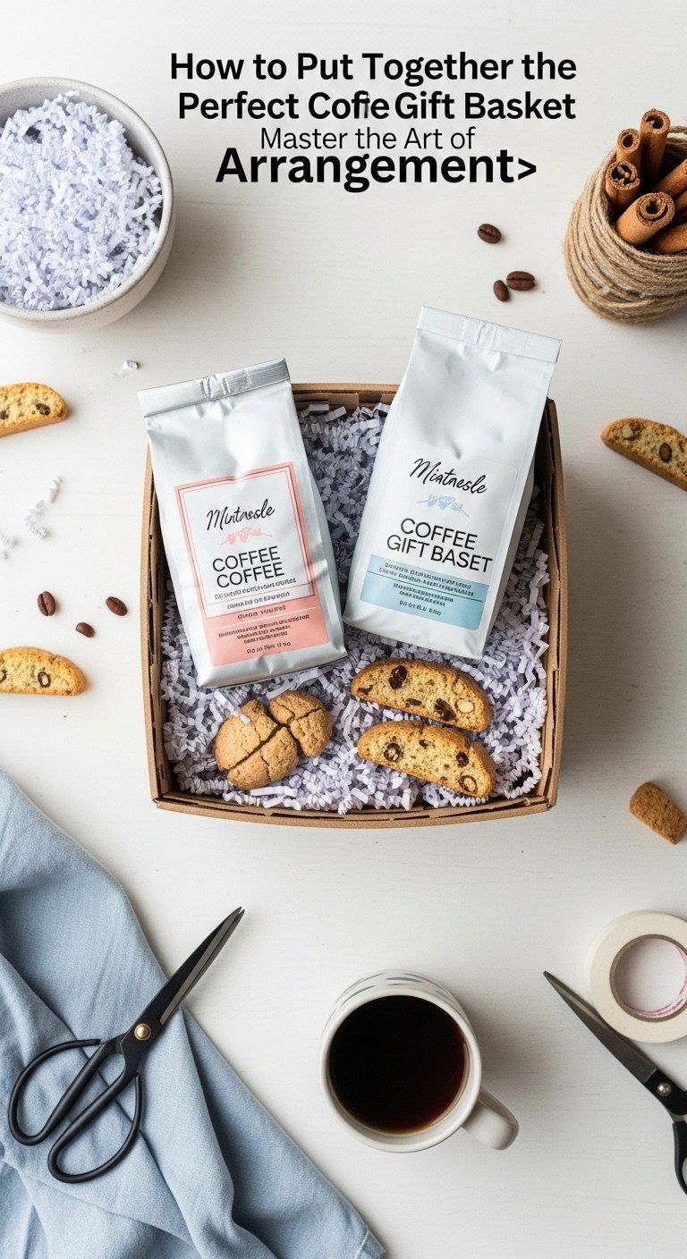 Half-assembled coffee gift basket with crinkle paper, coffee bag, mug, and biscotti, showing layered arrangement on white work surface
