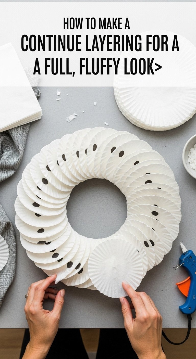 Half-finished Halloween coffee filter wreath being layered with filters on a neutral gray craft table
