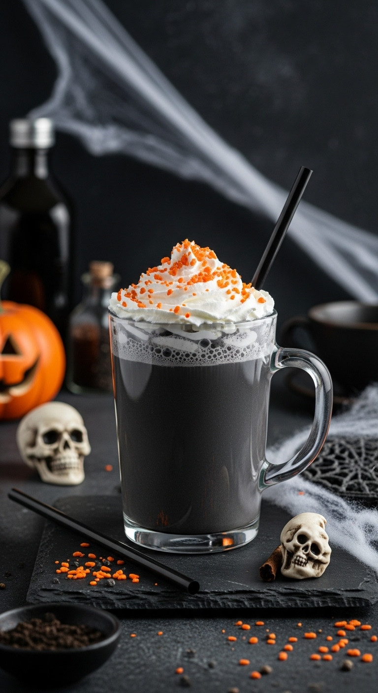 Halloween charcoal mocha in clear glass mug with whipped cream orange sprinkles black straw small skull and cobweb decor on dark slate surface