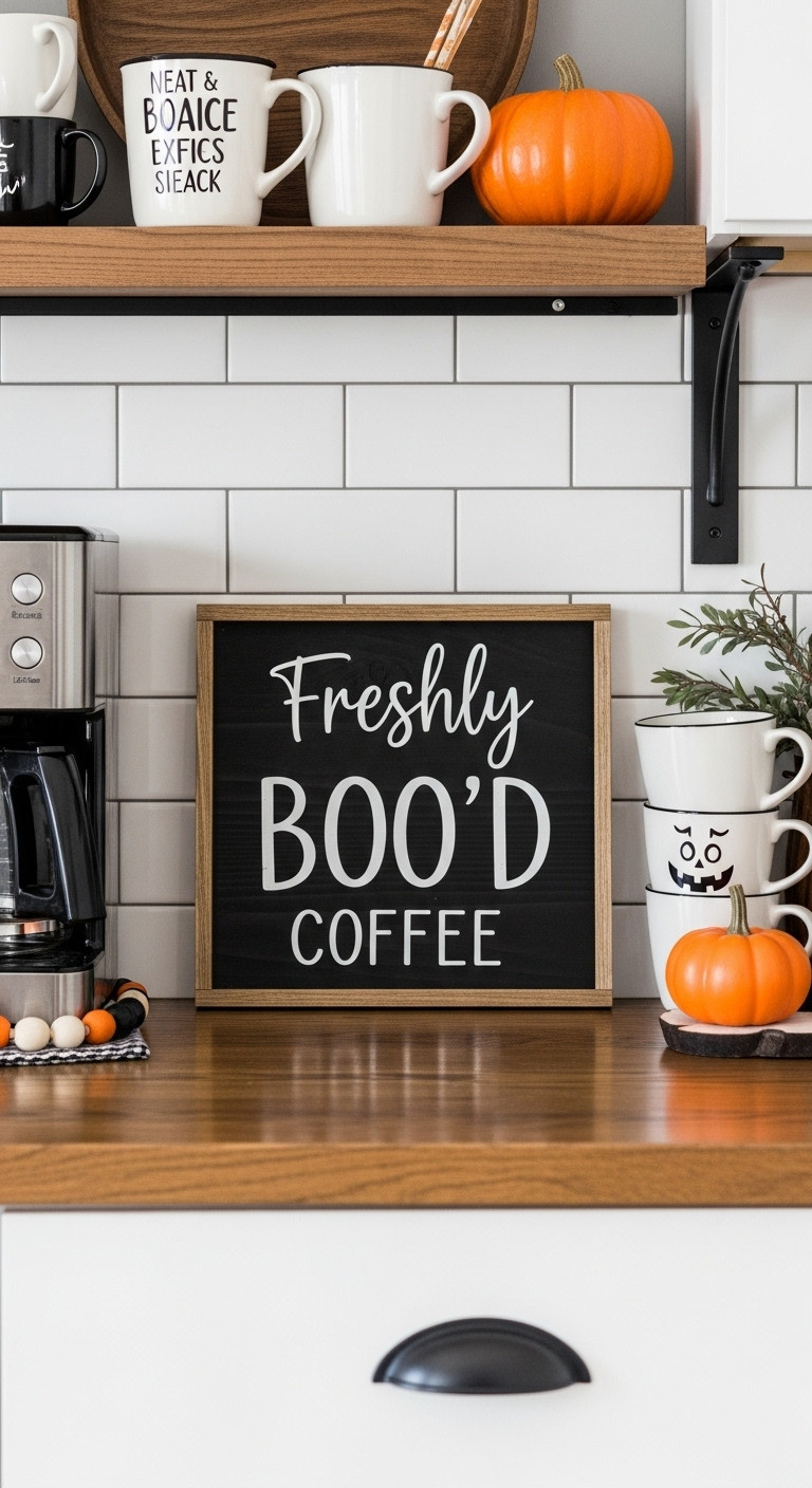 Halloween coffee bar with black wooden sign saying Freshly Boo'd Coffee white subway tile coffee maker mugs and small pumpkin golden hour light