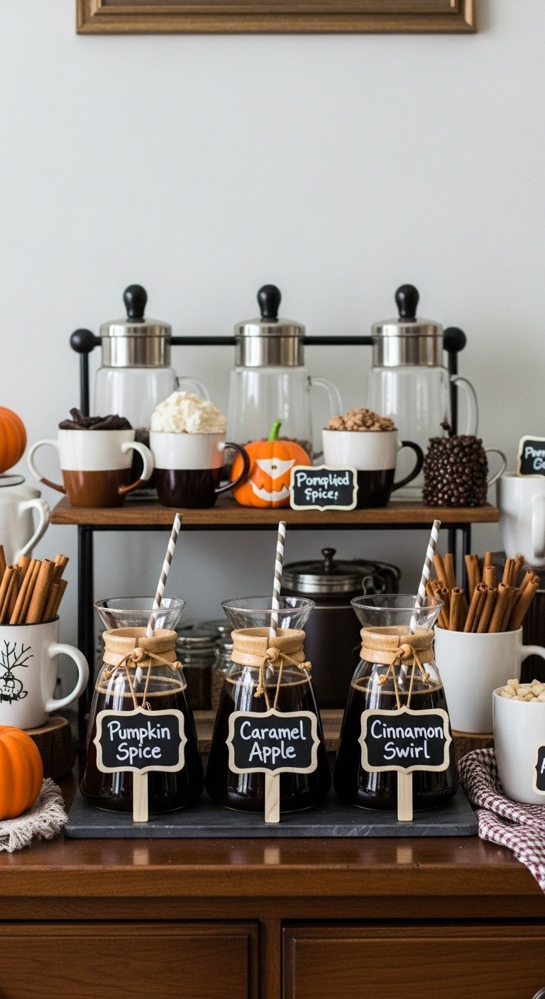 Halloween coffee bar with carafes of Pumpkin Spice Caramel Apple and Cinnamon Swirl blends