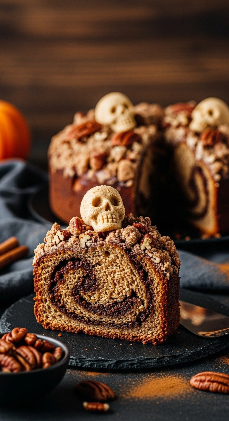 Halloween coffee cake slice with pecan brown sugar swirl and streusel skulls on dark slate platter