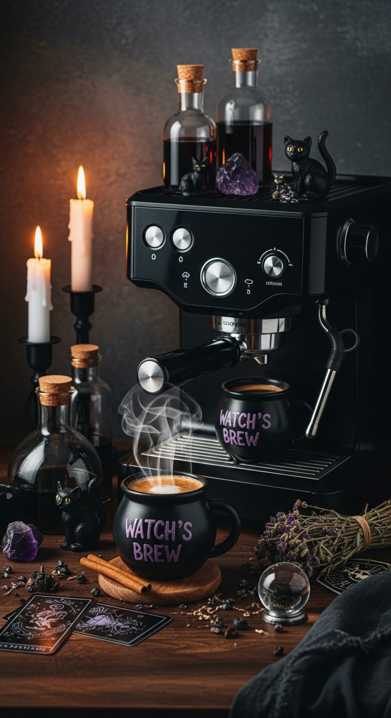 Halloween coffee corner with Witch's Brew theme black espresso machine potion bottles cauldron mug black cat figurines dried herbs tarot card crystal ball