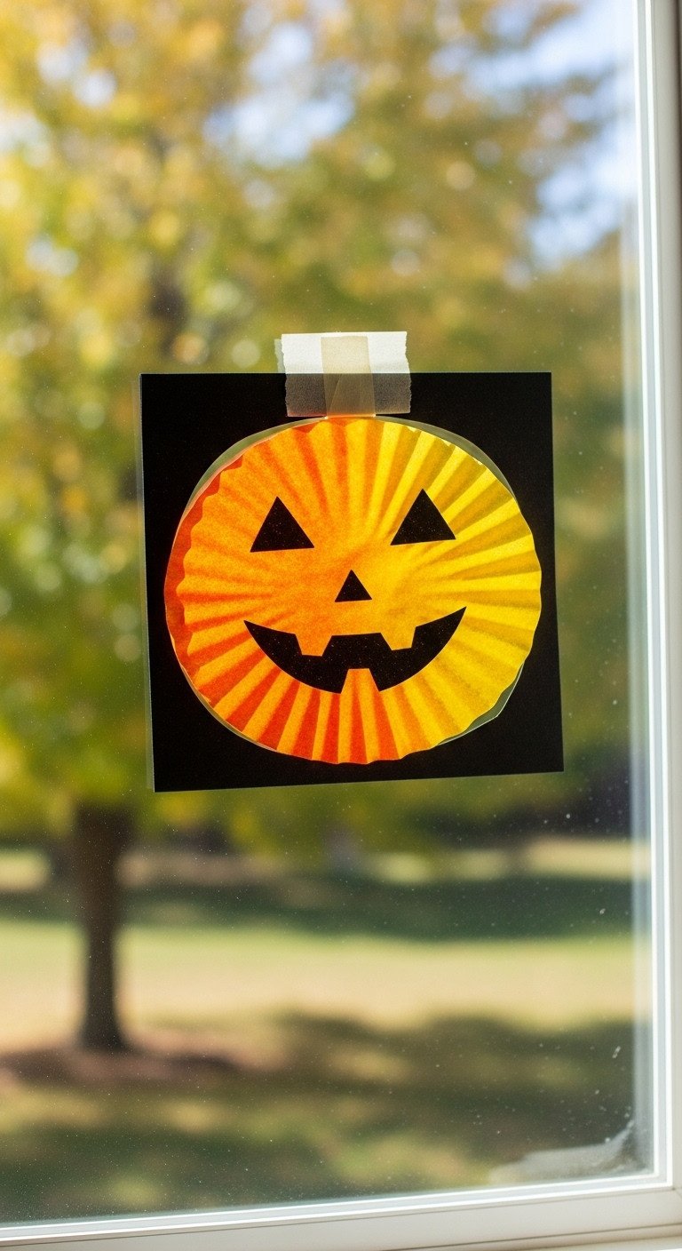 Halloween coffee filter suncatcher shaped like a jack-o-lantern on a sunny window with blurred outdoor scene