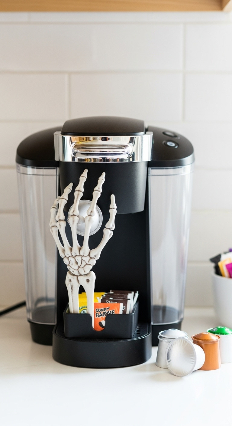 Halloween coffee station with skeleton hand holding coffee pod sugar packet dispenser next to single-serve coffee maker bright clean daylight