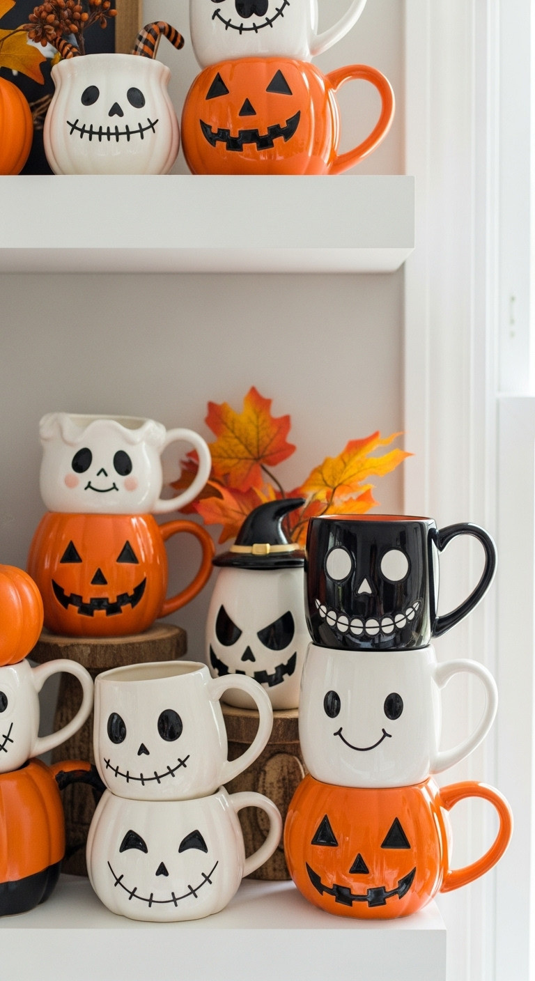 Halloween coffee station with unique spooky cute mugs on white floating shelves small pumpkin faux autumn leaves bright airy daylight