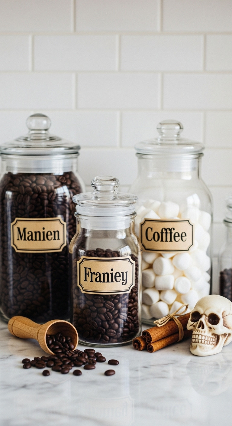 Halloween coffee station with vintage apothecary jars filled with coffee beans marshmallows wooden scoop cinnamon sticks and skull prop on marble countertop