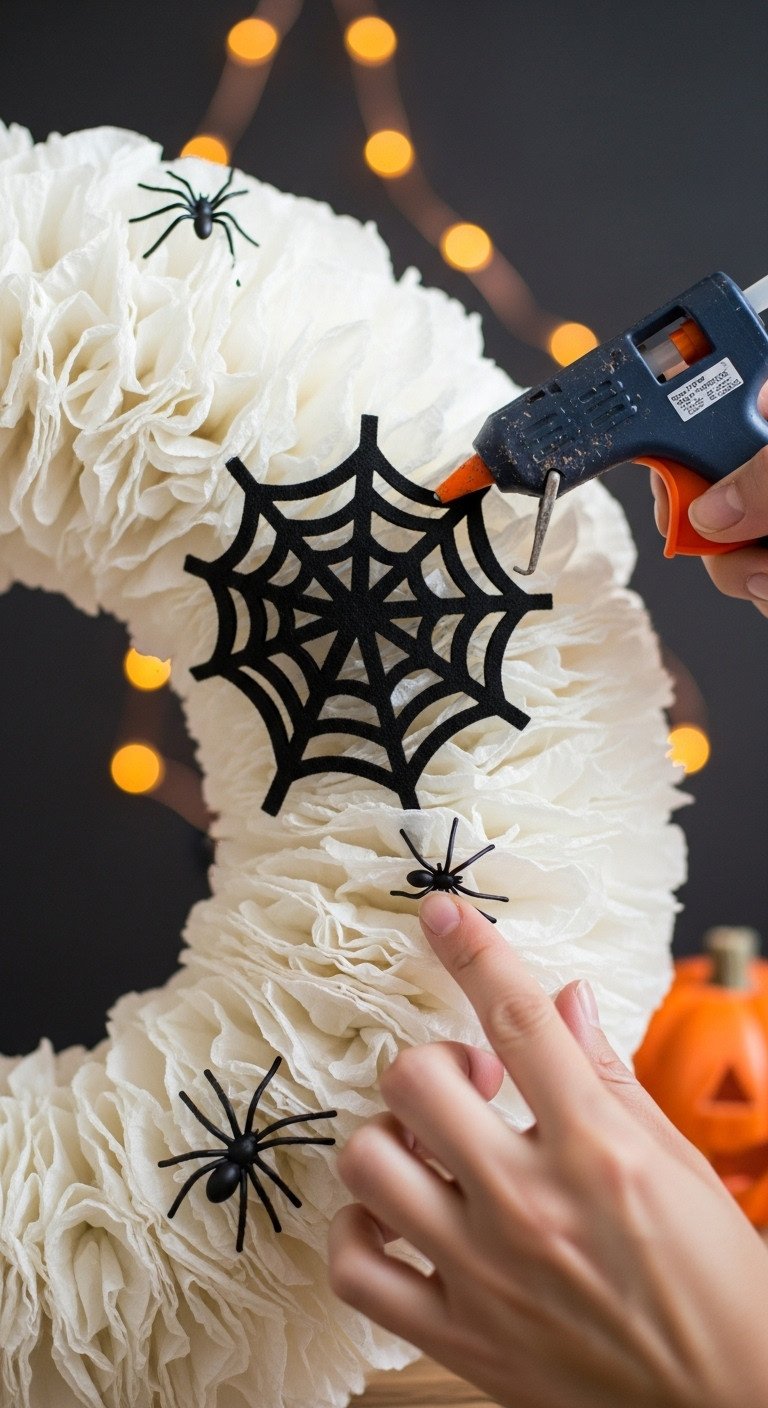 Hand gluing a black felt spiderweb and plastic spiders onto a fluffy white coffee filter wreath for Halloween decor