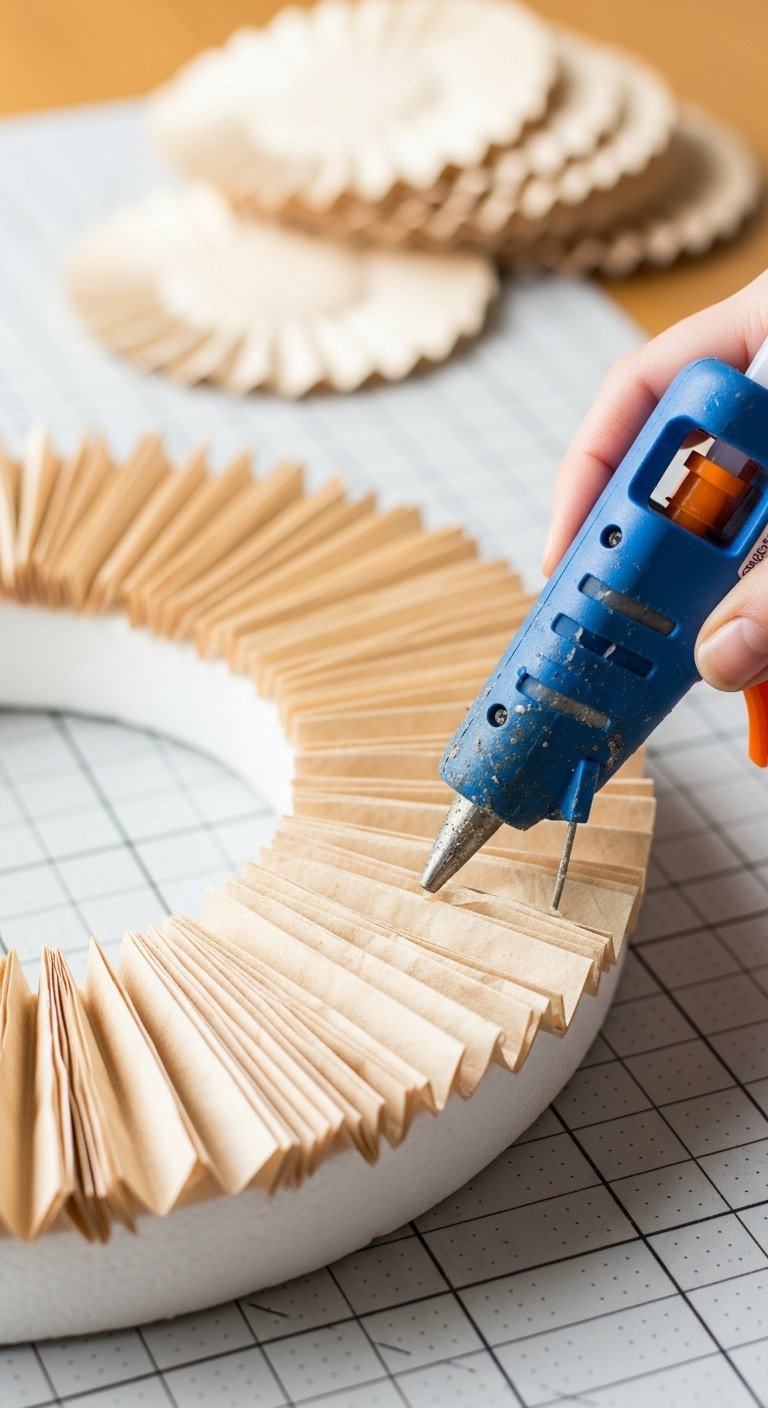 Hand gluing coffee filters onto a Styrofoam wreath form with a hot glue gun