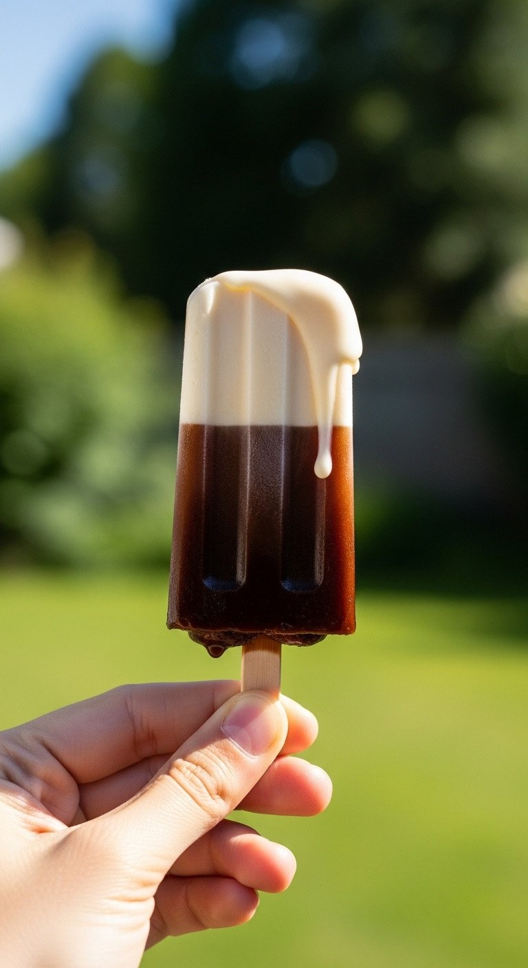 11 Effortless Cold Coffee Dessert Recipes To Make Today 19 Hand holds cold brew coffee popsicle: dark coffee, creamy white sweet cream, drips, sunny backyard.