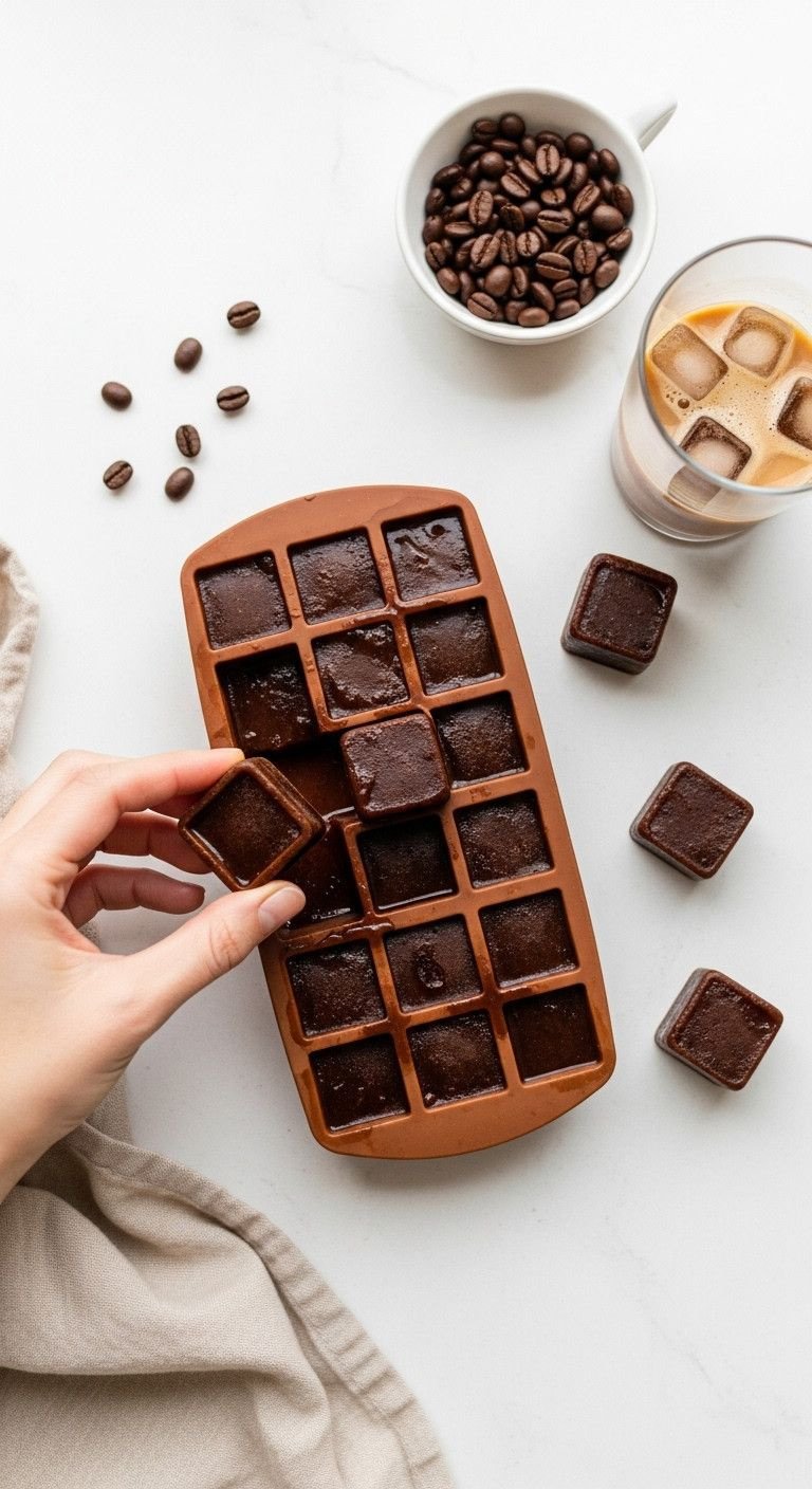 Hand popping dark coffee ice cubes from silicone tray. Tray, beans, empty glass on white countertop.
