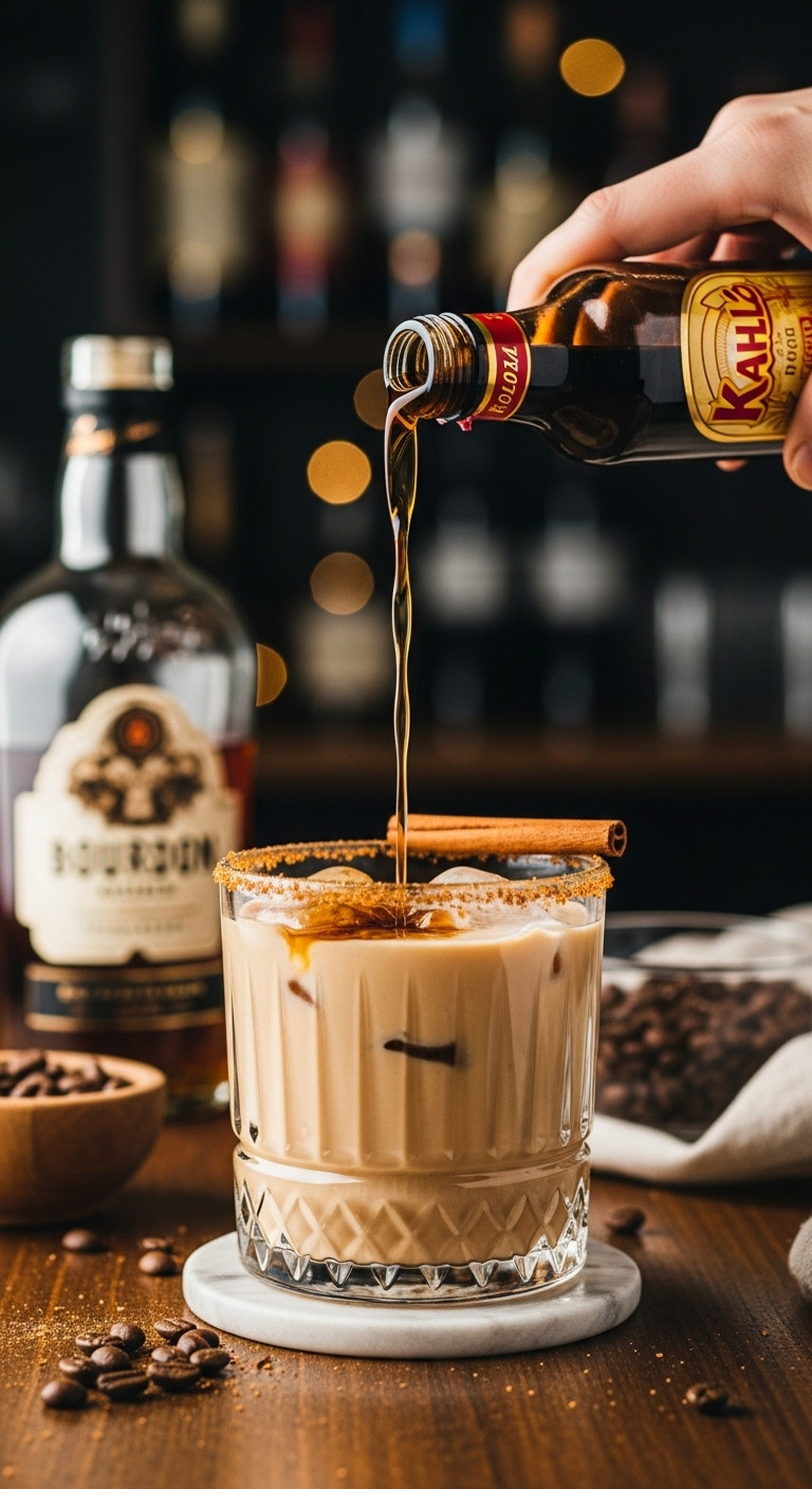 Hand pouring Kahlúa into an elegant punch cup with creamy coffee punch bourbon coffee beans and cinnamon on a dark wood bar