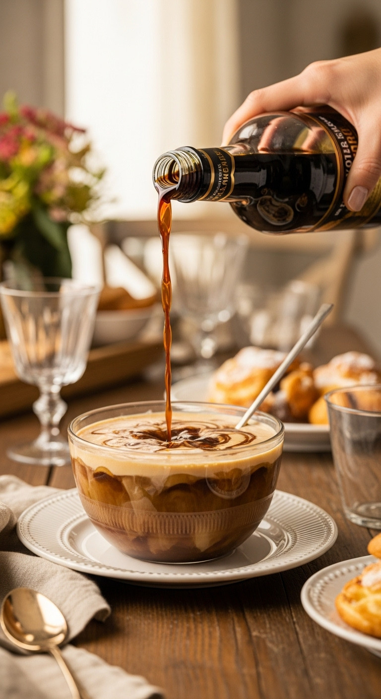 Hand pouring dark coffee liqueur into a creamy coffee punch bowl for a boozy brunch