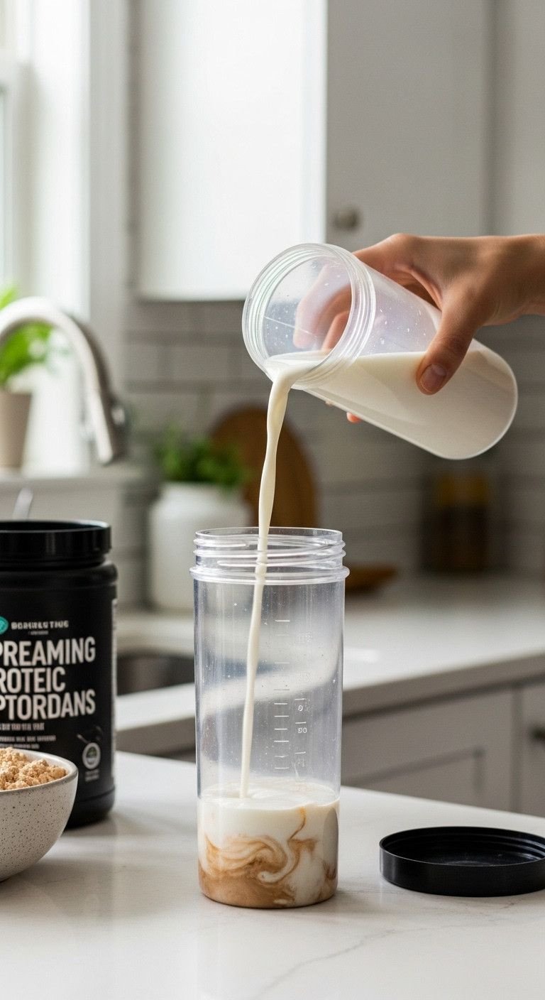 The Secret To Smooth Iced Protein Coffee That Never Clumps 9 Hand pours milk into a modern shaker bottle on kitchen counter. First step for clump-free protein shakes, healthy fitness.