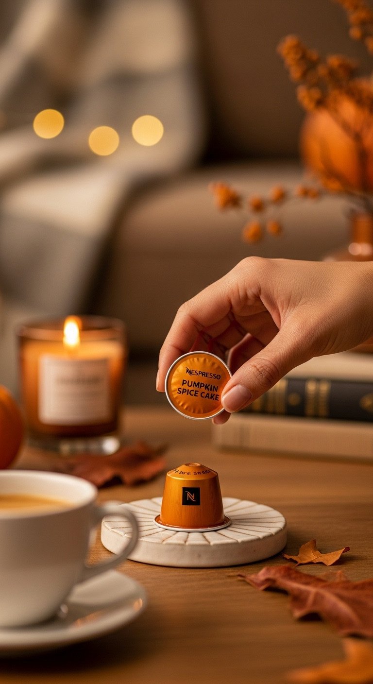 Hand reaching for Nespresso Pumpkin Spice Cake pod on coaster, blurred cozy fall living room; autumn coffee moment.