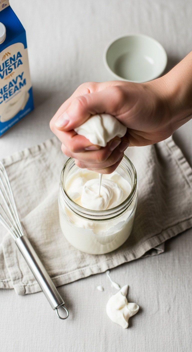 Hand shaking a glass mason jar filled with heavy cream, beginning to thicken into whipped cream