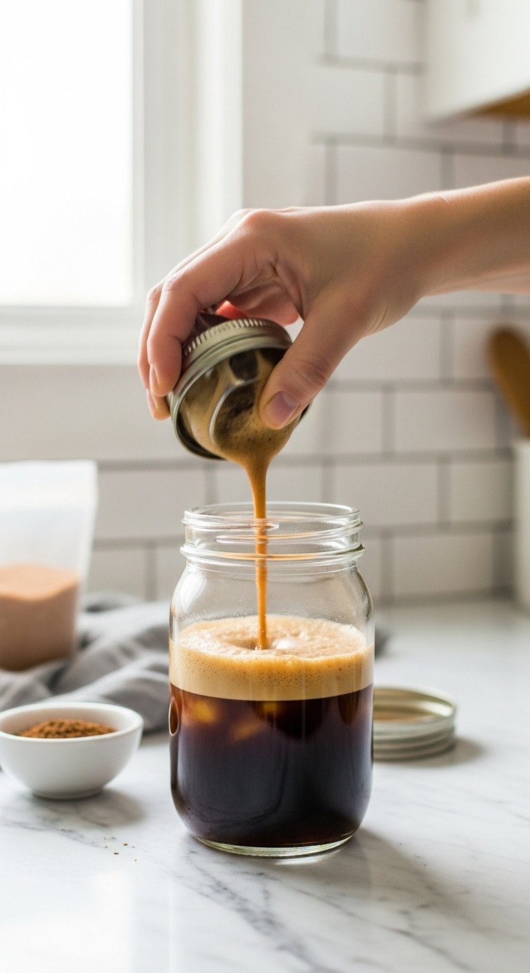Make Perfectly Frothy Cold Coffee Without A Blender 1 Hand shaking mason jar, dark coffee transforming into light caramel foam. Dynamic dalgona coffee recipe prep on a marble counter.