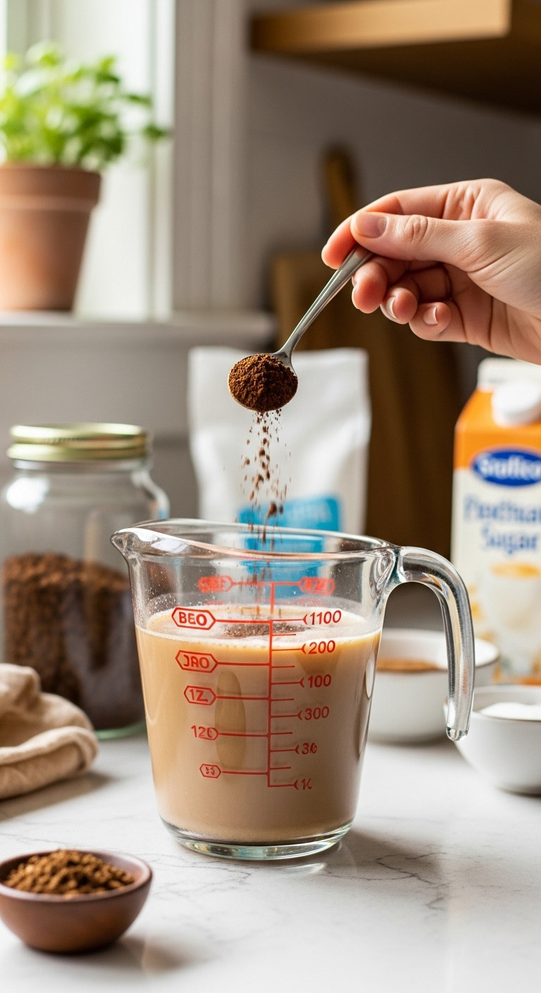 Hand spooning instant espresso powder into hot water with coffee sugar and cream on a cozy kitchen countertop
