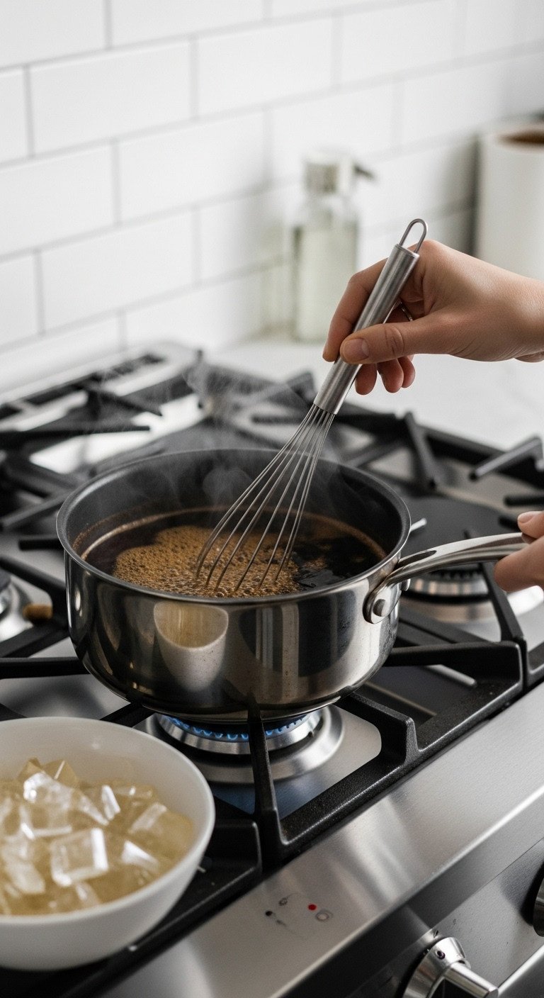 A Perfect No Fail Coffee Jelly Recipe For Beginners 5 Hand stirring dark coffee mixture with a whisk in a saucepan on a modern stovetop, showing gentle steam; bloomed gelatin nearby.