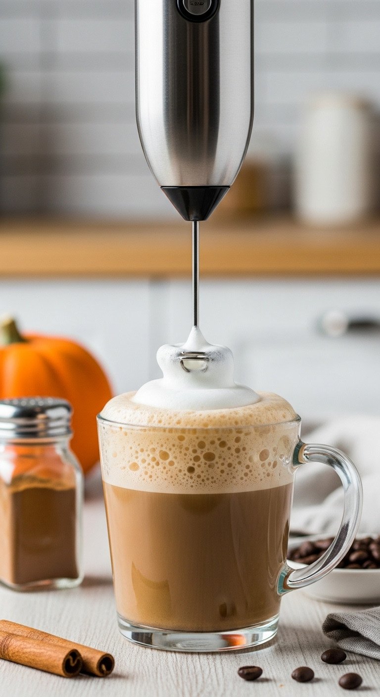 Easy Creamy Keto Pumpkin Spice Latte Better Than Starbucks 11 Handheld milk frother creating dense, creamy foam on warm liquid in a clear glass mug, on a wooden table. Keto latte prep.