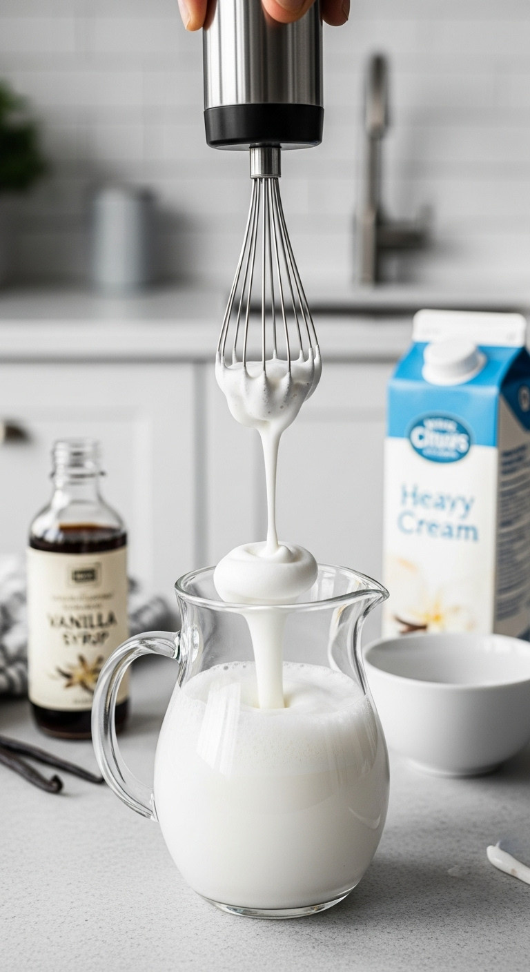 Handheld milk frother whisking vanilla sweet cream into foam in a glass pitcher on a light gray stone surface