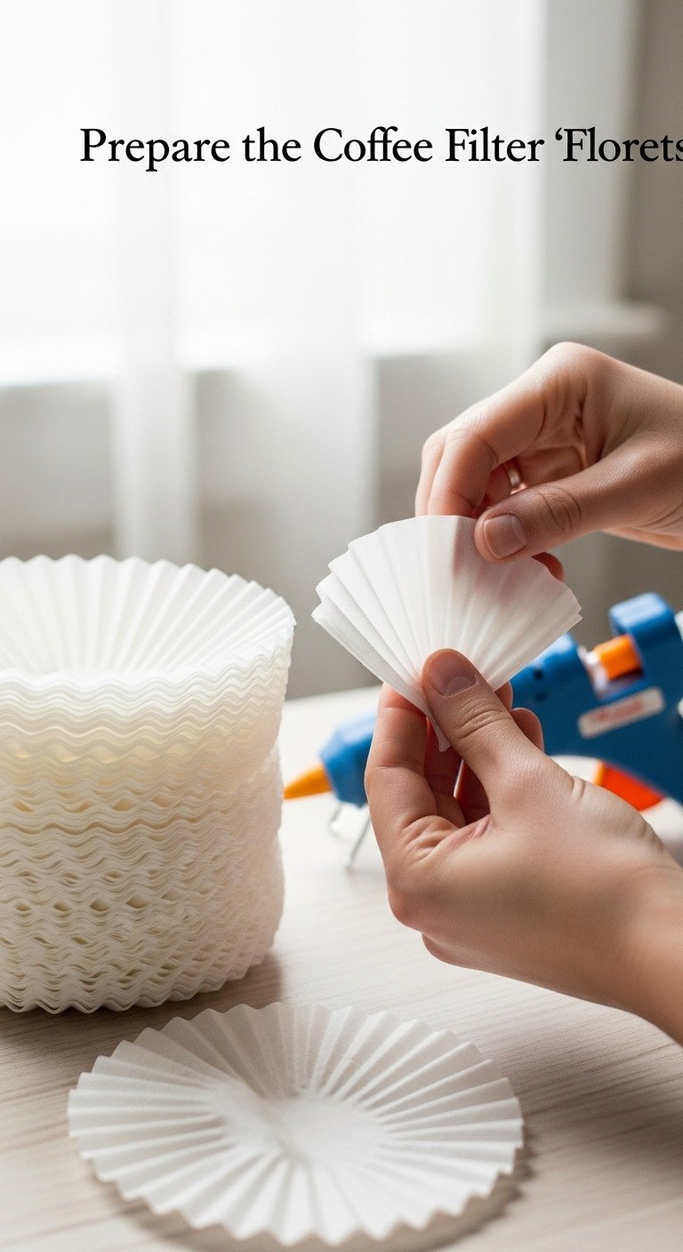 Hands folding a coffee filter into a cone shape with a stack of folded florets and glue gun nearby