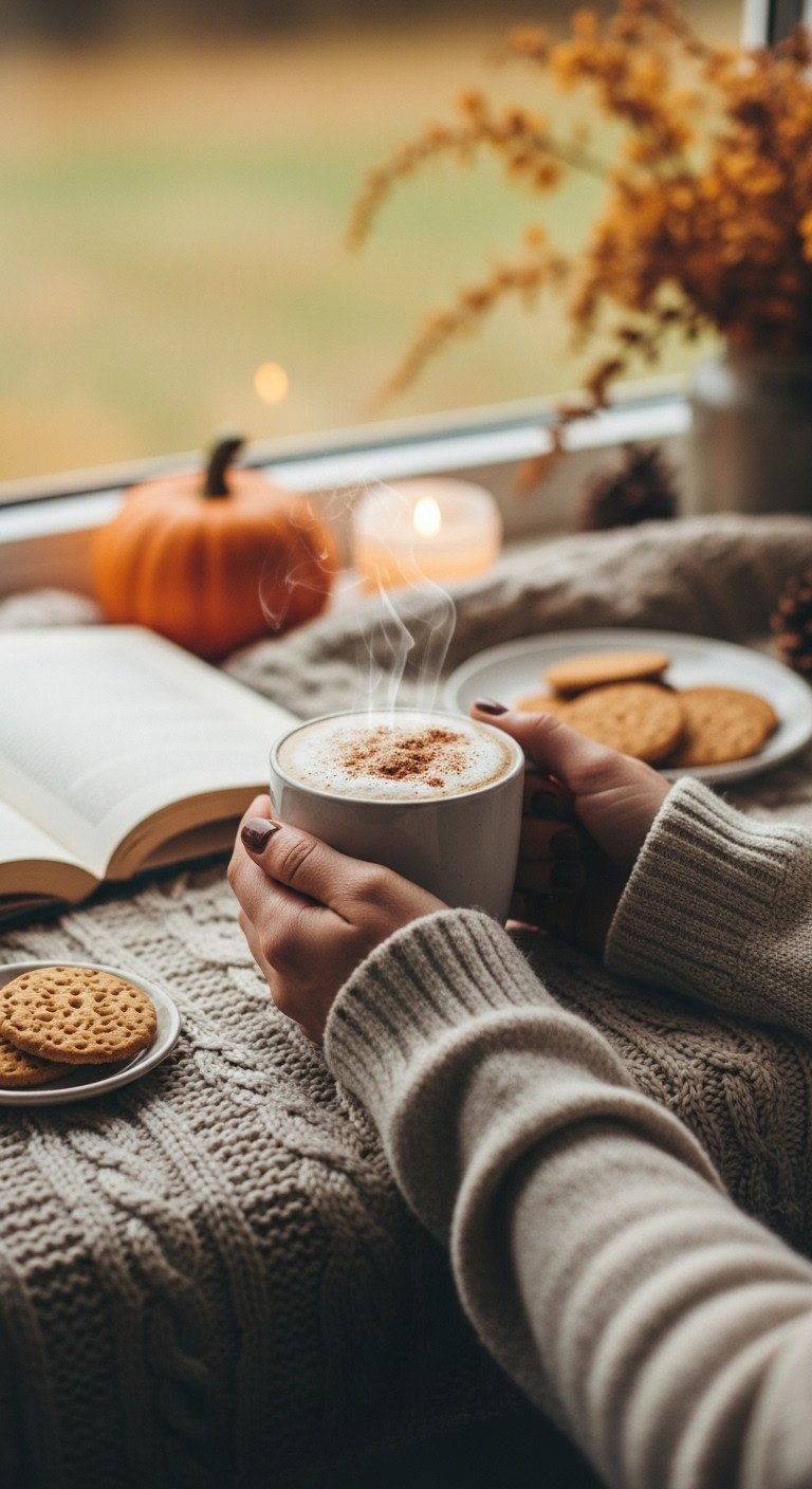 Easy Creamy Keto Pumpkin Spice Latte Better Than Starbucks 17 Hands gently holding a warm keto pumpkin spice latte mug, with blurred autumn foliage and a cozy blanket in the background.