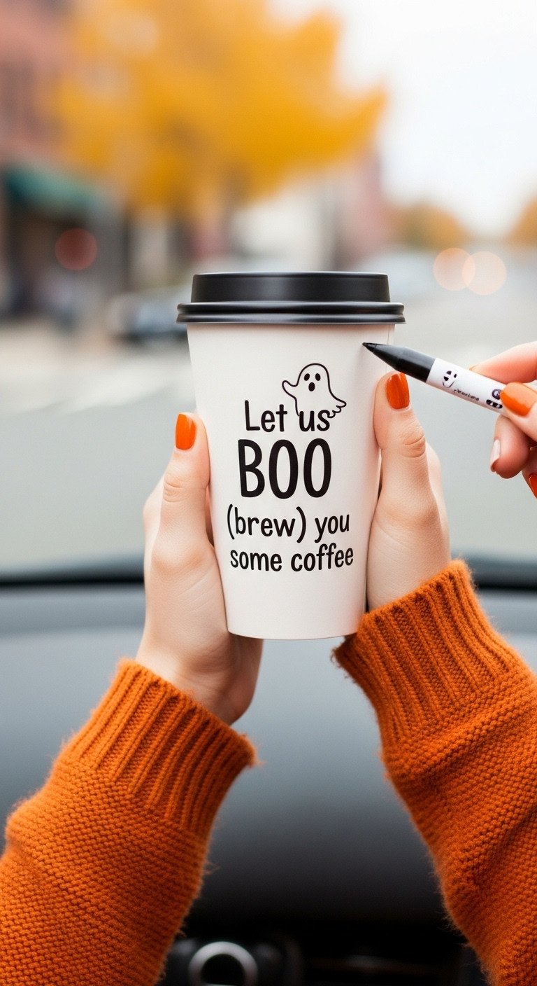 Hands holding a white coffee to-go cup with a hand-drawn ghost face against a blurred city street with autumn colors