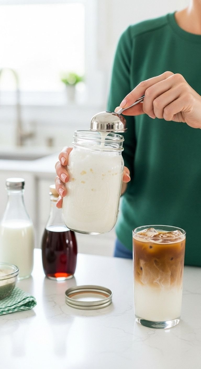 7 Easy Cold Foam Recipes With Or Without A Frother 11 Hands holding mason jar with frothy DIY cold foam for iced coffee, ingredients on bright kitchen counter, homemade recipe.