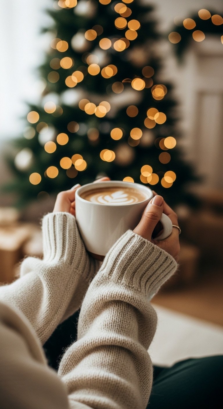 Hands in a cozy sweater cradling a warm Christmas coffee mug with a softly blurred decorated Christmas tree in the background