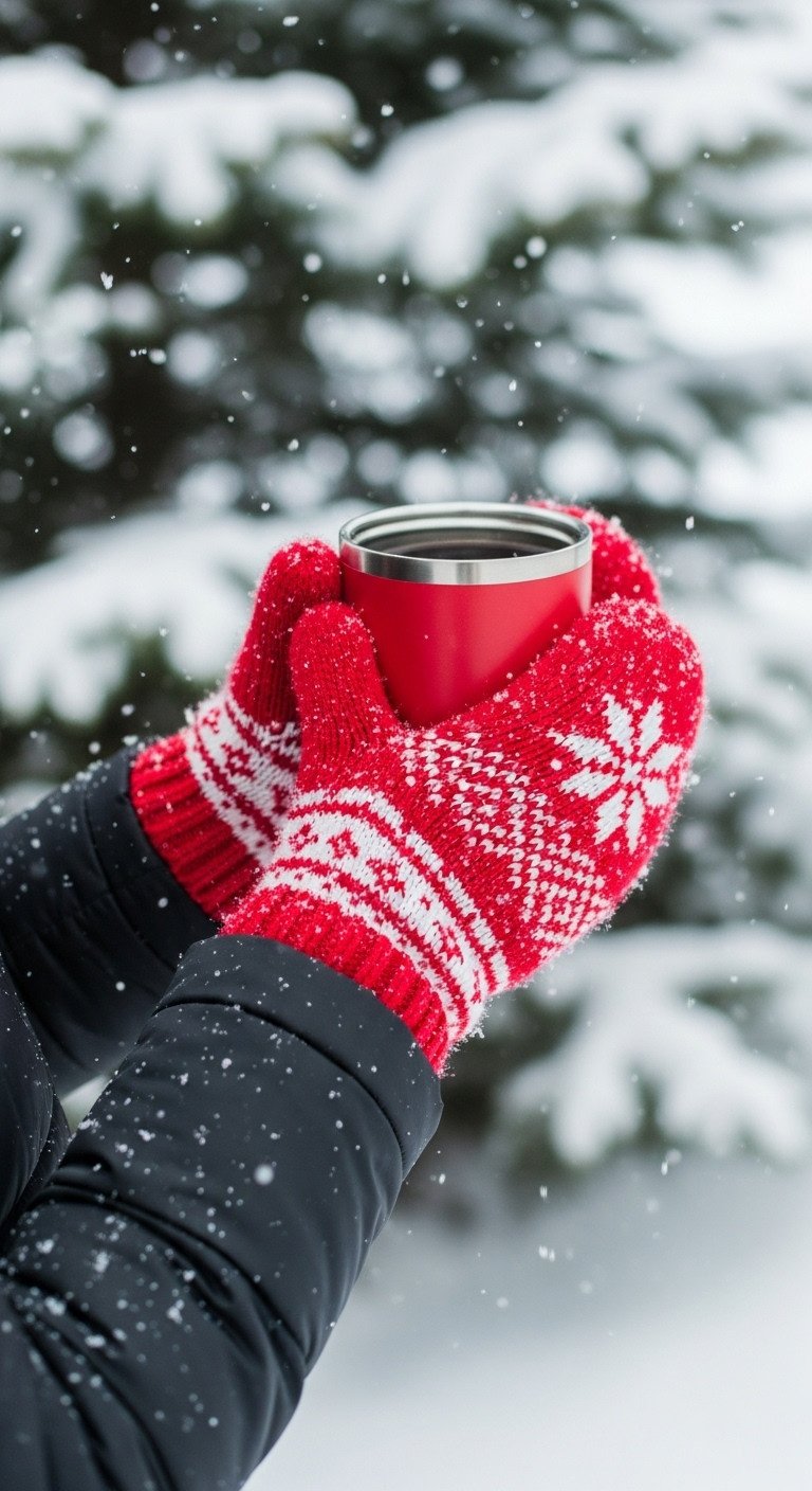 Hands in festive mittens holding a red travel mug of coffee in a snowy evergreen forest. Cozy outdoor sip.