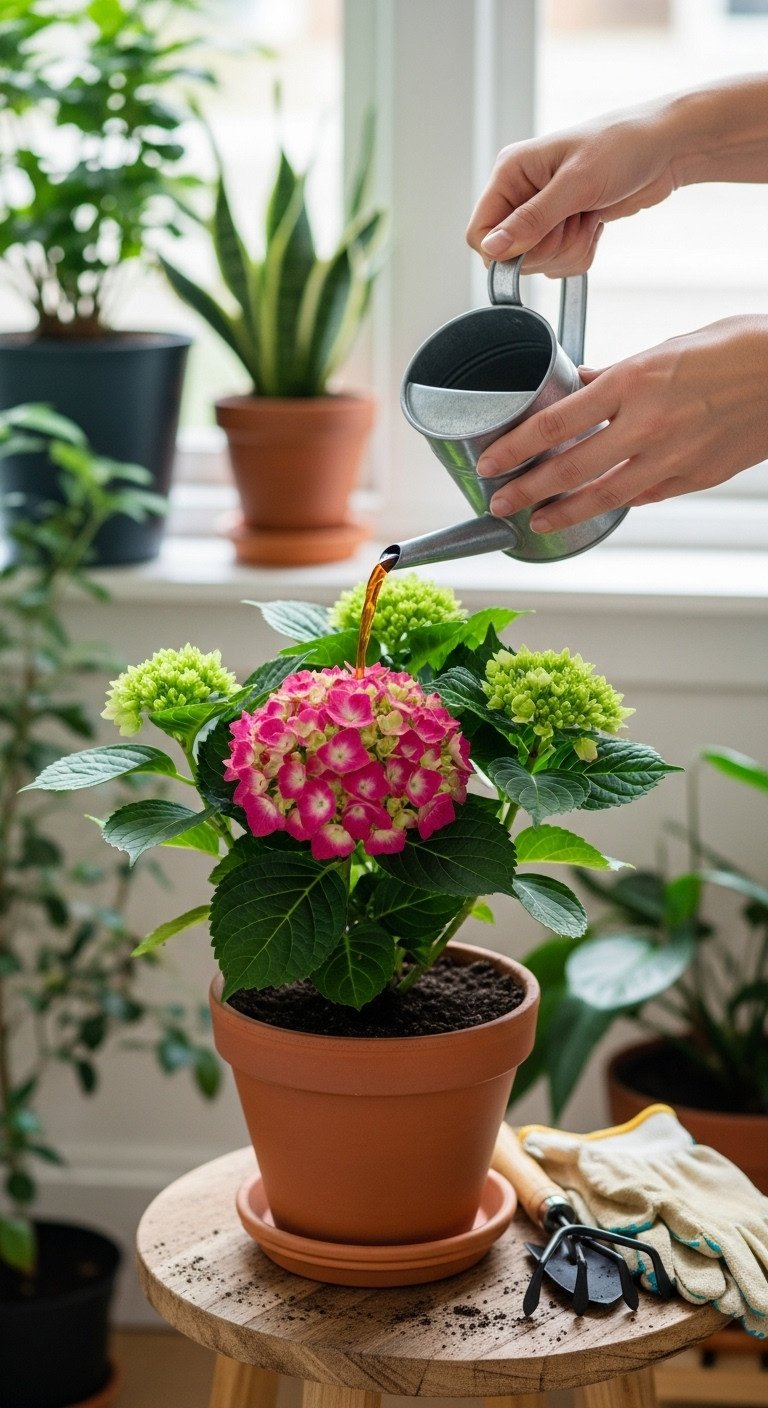 11 Brilliant Recipes For Leftover Coffee You Havent Tried 20 Hands pouring diluted coffee from a metal can onto a vibrant potted hydrangea plant in a terracotta pot.