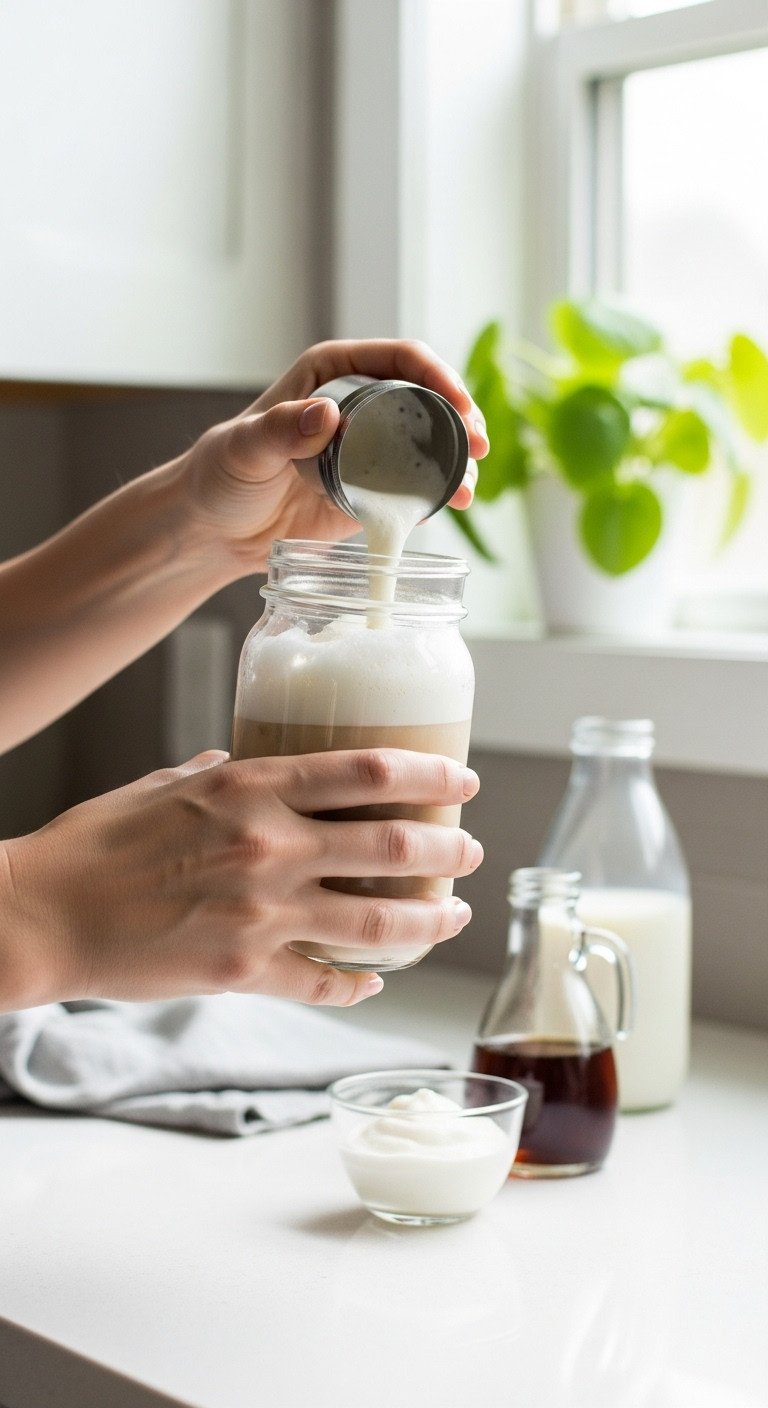 Unlock The Secret To Perfect Creamy Cold Foam At Home 9 Hands shaking a glass mason jar to create creamy homemade cold foam for coffee in a bright kitchen.