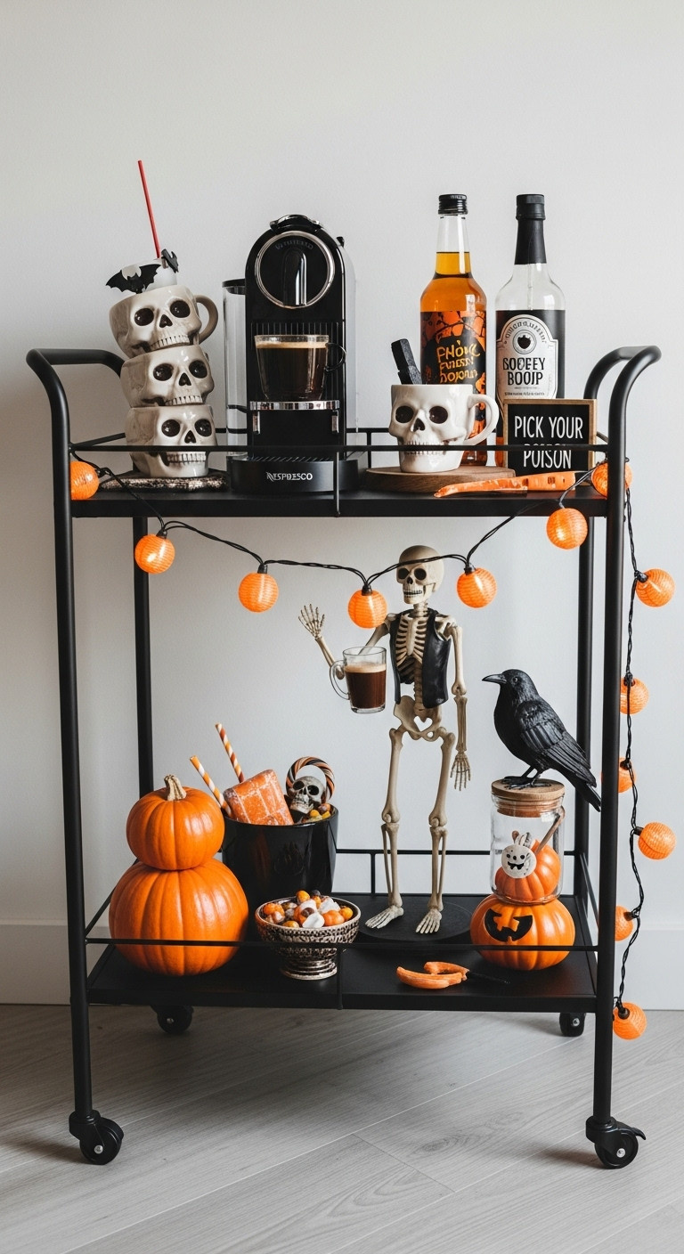 Haunted Bar Cart Halloween coffee corner with black metal bar cart Nespresso machine skull mugs coffee syrup pumpkins candy skeleton bartender raven