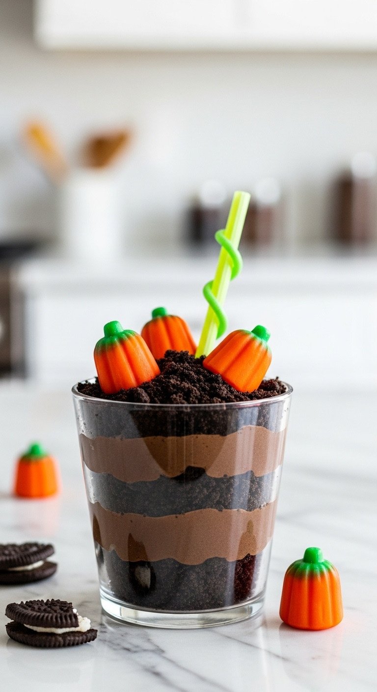 Haunted Mocha Pumpkin Cup with coffee chocolate pudding, Oreo dirt, pumpkin candies, and sour straw