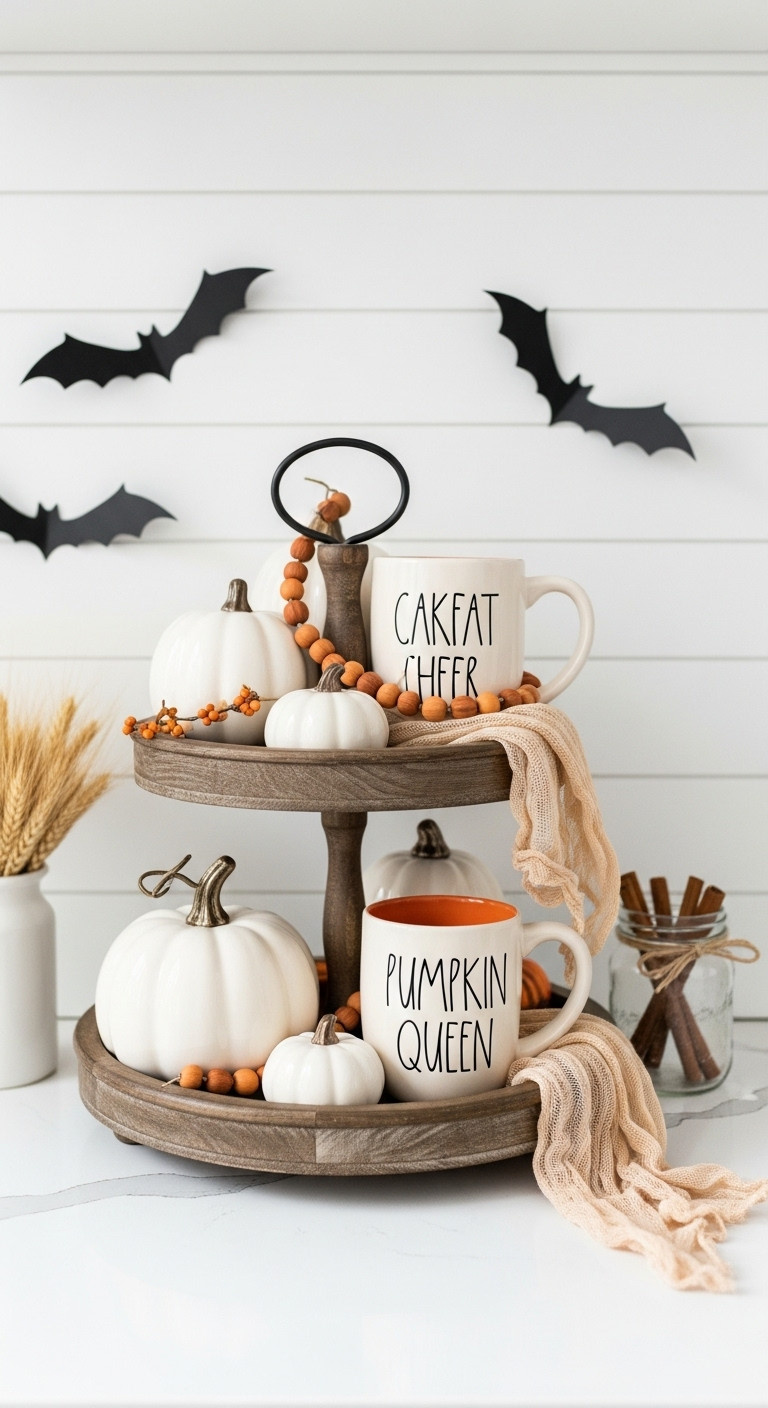 Haunted farmhouse Halloween kitchen coffee bar with rustic tiered tray ceramic pumpkins Pumpkin Queen mug cheesecloth bats wheat and cinnamon sticks