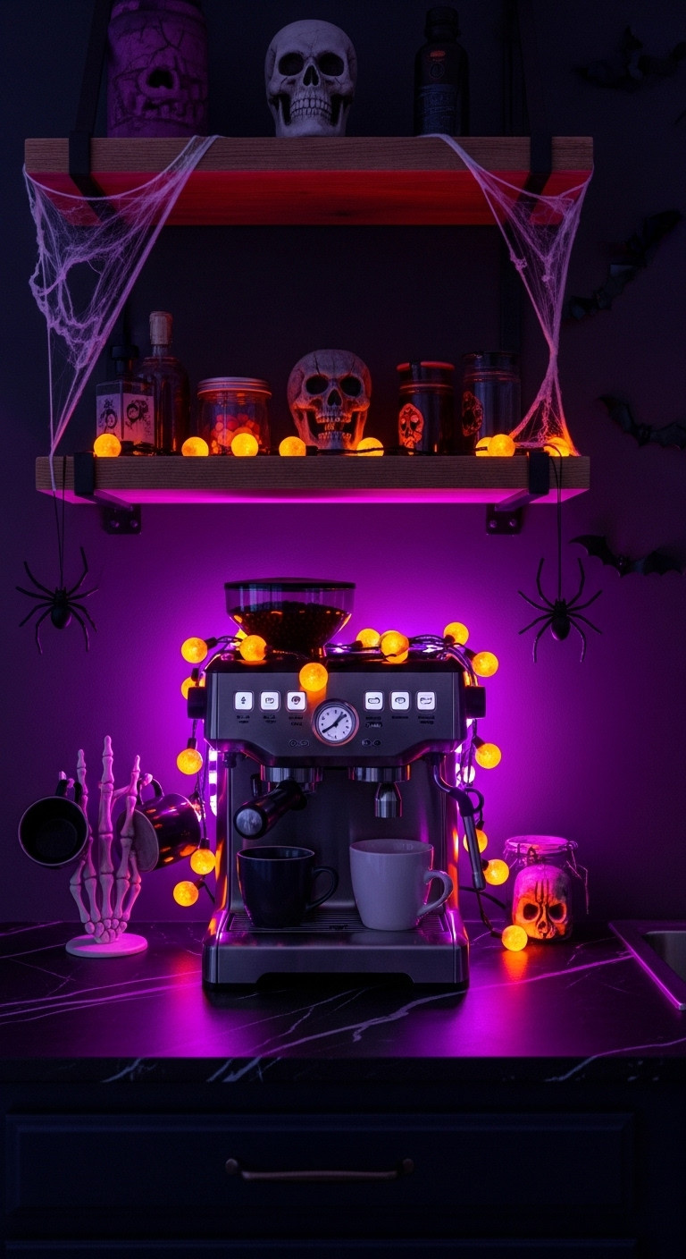 Haunted house themed Halloween coffee bar with orange purple LED string lights spiderwebs spider figurine skeleton hand mug holder bats