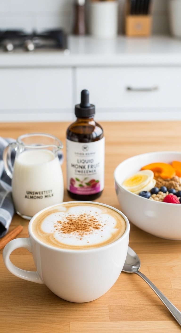 5 Best Homemade Pumpkin Spice Coffee Recipes to Try Now 5 Healthy Low Sugar Pumpkin Spice Coffee in a white mug with cinnamon next to breakfast bowl almond milk and monk fruit sweetener on wood surface