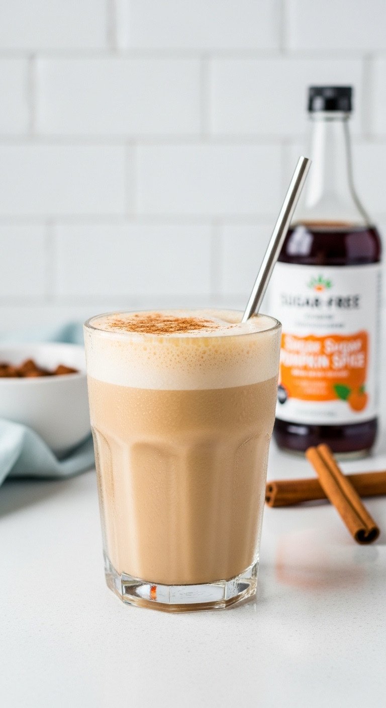 7 Easy Iced Coffee Recipe Pumpkin Spice Copycats to Try Now 13 Healthy Low Sugar Pumpkin Spice coffee in a sleek modern glass with sugar free syrup and cinnamon sticks on a white countertop