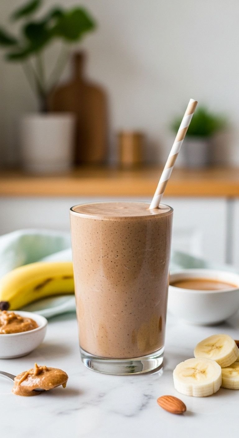 Thick Cold Coffee Secrets To End Watery Drinks Forever 3 Healthy frozen banana coffee smoothie in glass, creamy, with fresh banana slices and almond butter on white marble counter.