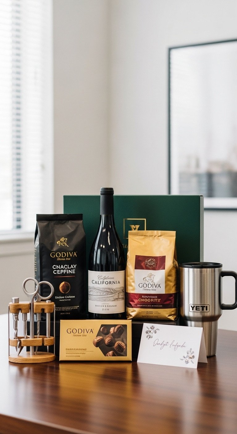 High end gift basket with California wine high quality coffee Godiva chocolates and a Yeti travel mug on a modern desk