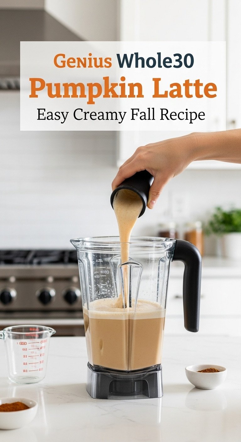 High-speed blender emulsifying hot pumpkin latte ingredients, creating a creamy vortex and froth, on a modern kitchen counter for Whole30 recipe.
