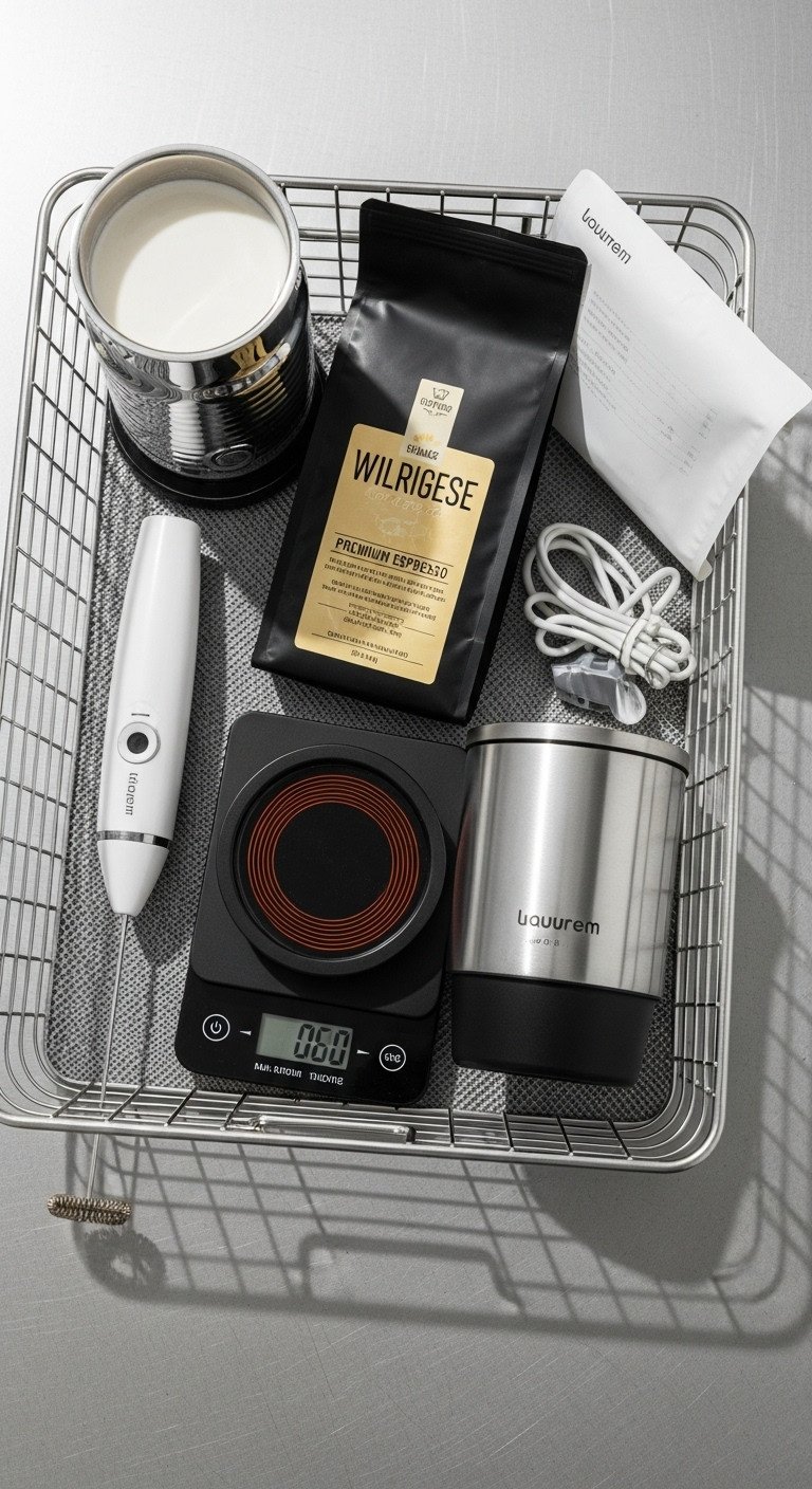 High-tech coffee gadgets gift basket with electric milk frother digital scale espresso beans and self-heating smart mug