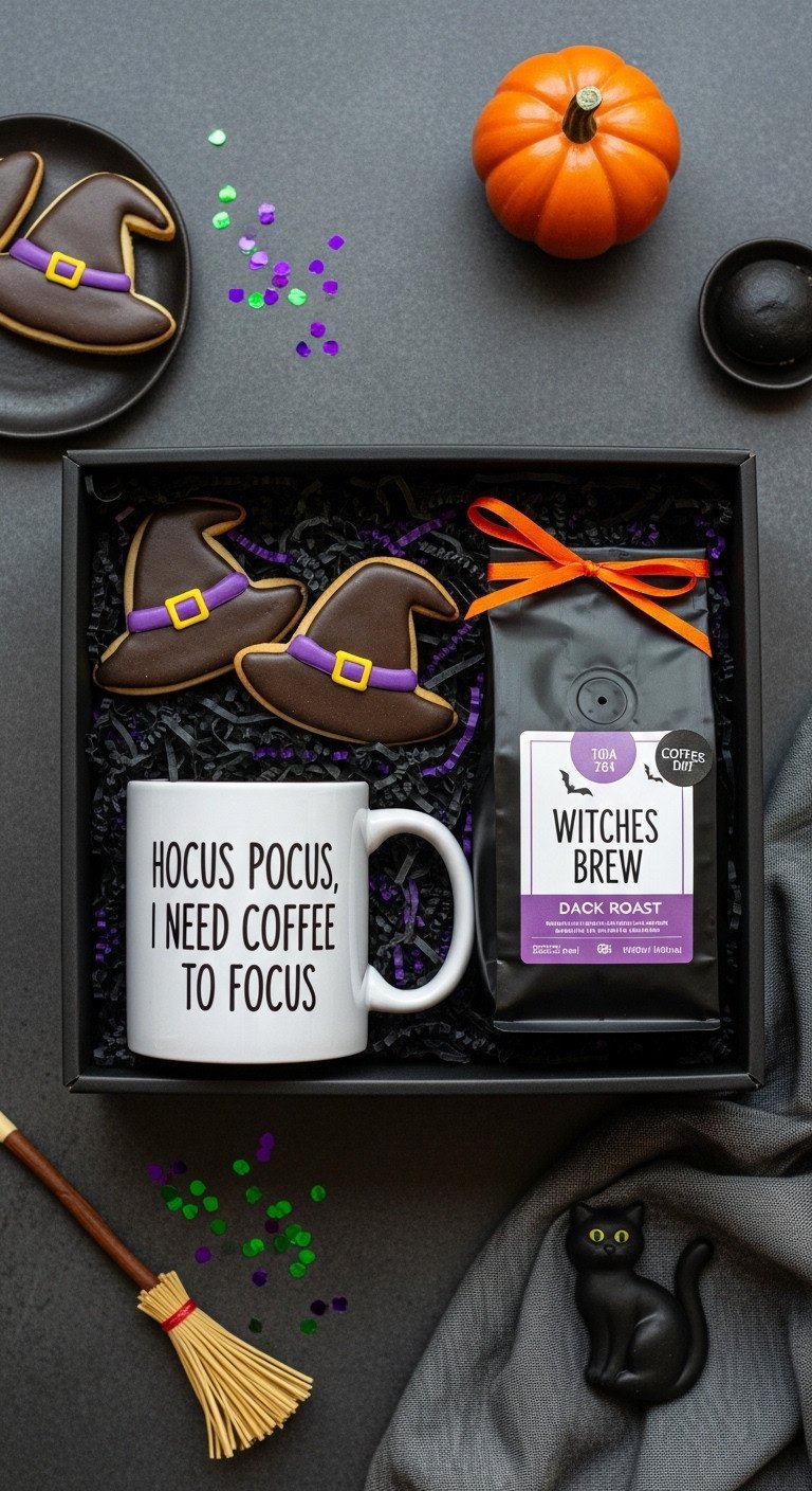 Hocus Pocus I Need Coffee gift box with coffee mug, Witches Brew coffee, and witch hat cookies